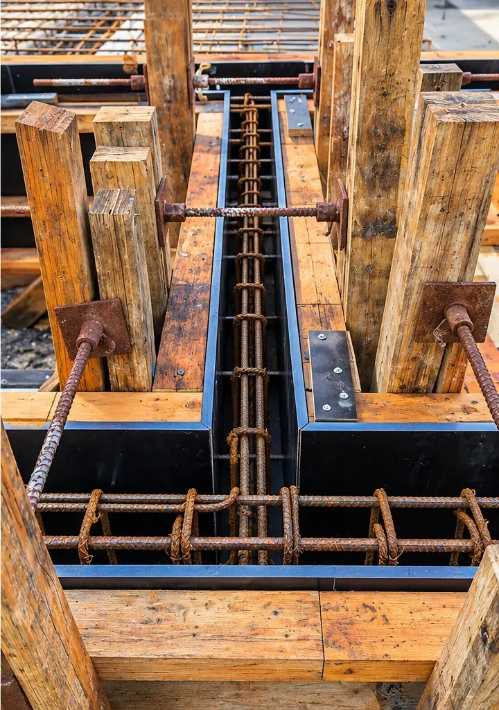 Reinforcement steel tied inside timber formwork secured with threaded steel tie rods