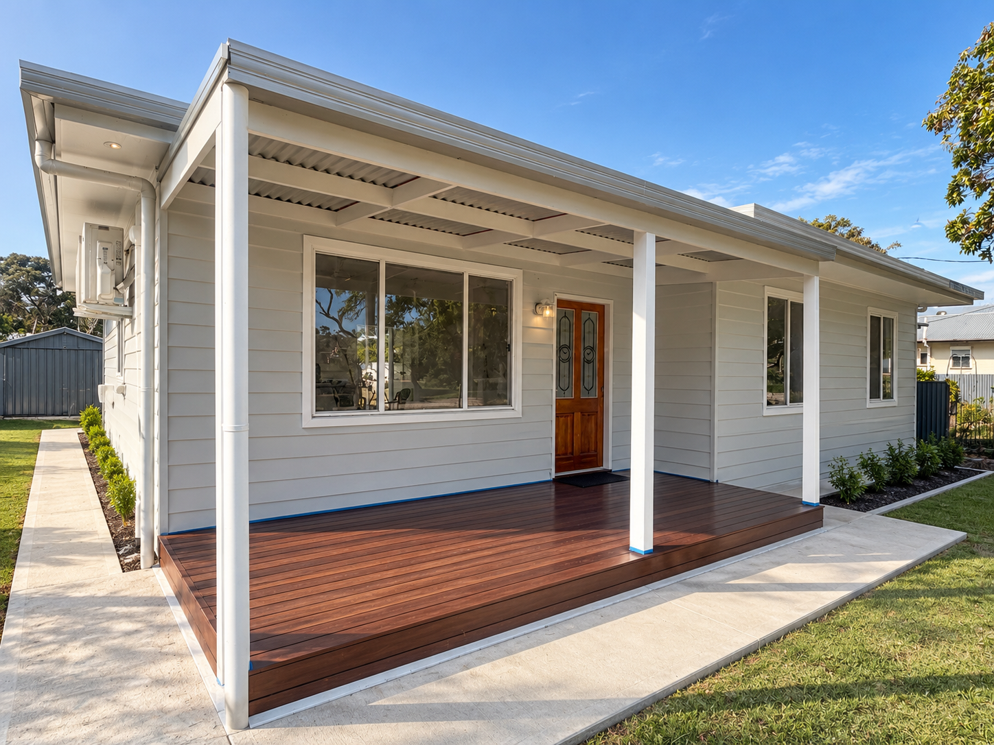 Newly built single-storey cottage with a dark timber deck and white verandah posts by Alcorn Constructions